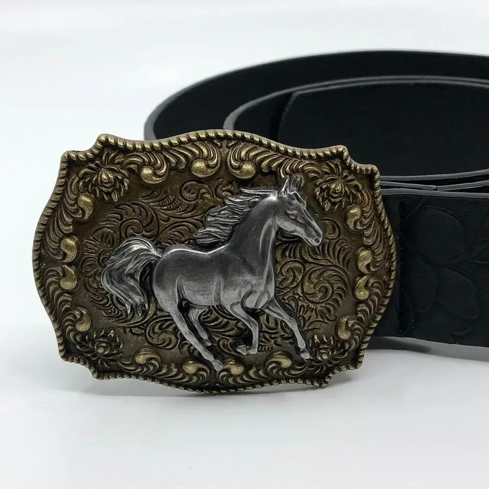 Y2K Cowgirl Black Embossed Floral Horse Buckle Belt, 31-40.5 Inches, X7GA1122